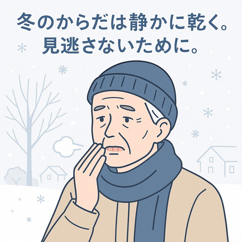 冬の屋外で、口元の乾燥に不快感を示す高齢男性のイラスト。 「冬のからだは静かに乾く。見逃さないために。」というメッセージが添えられている。