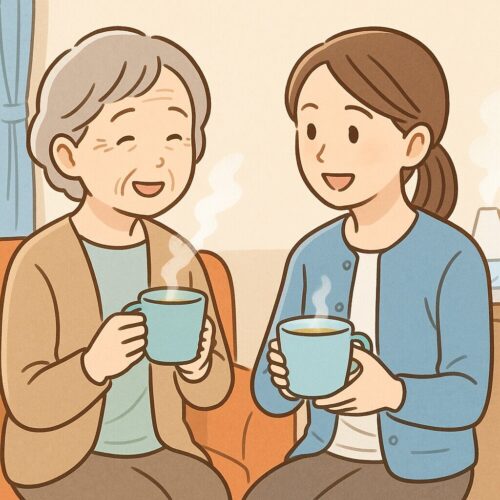 冬の室内で高齢の母と娘が湯気の立つお茶を飲みながら談笑している様子。乾燥する季節の水分補給をテーマにしたやさしいフラットイラスト。