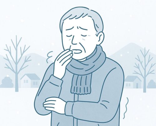 冬の屋外で、口元の乾燥に不快感を示す高齢男性のイラスト。 
