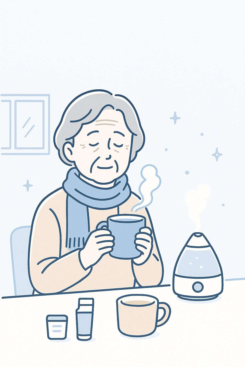 冬の乾燥対策をする高齢者と家族。加湿器や温かい飲み物でのどを守る様子を描いたやさしいフラットイラスト。