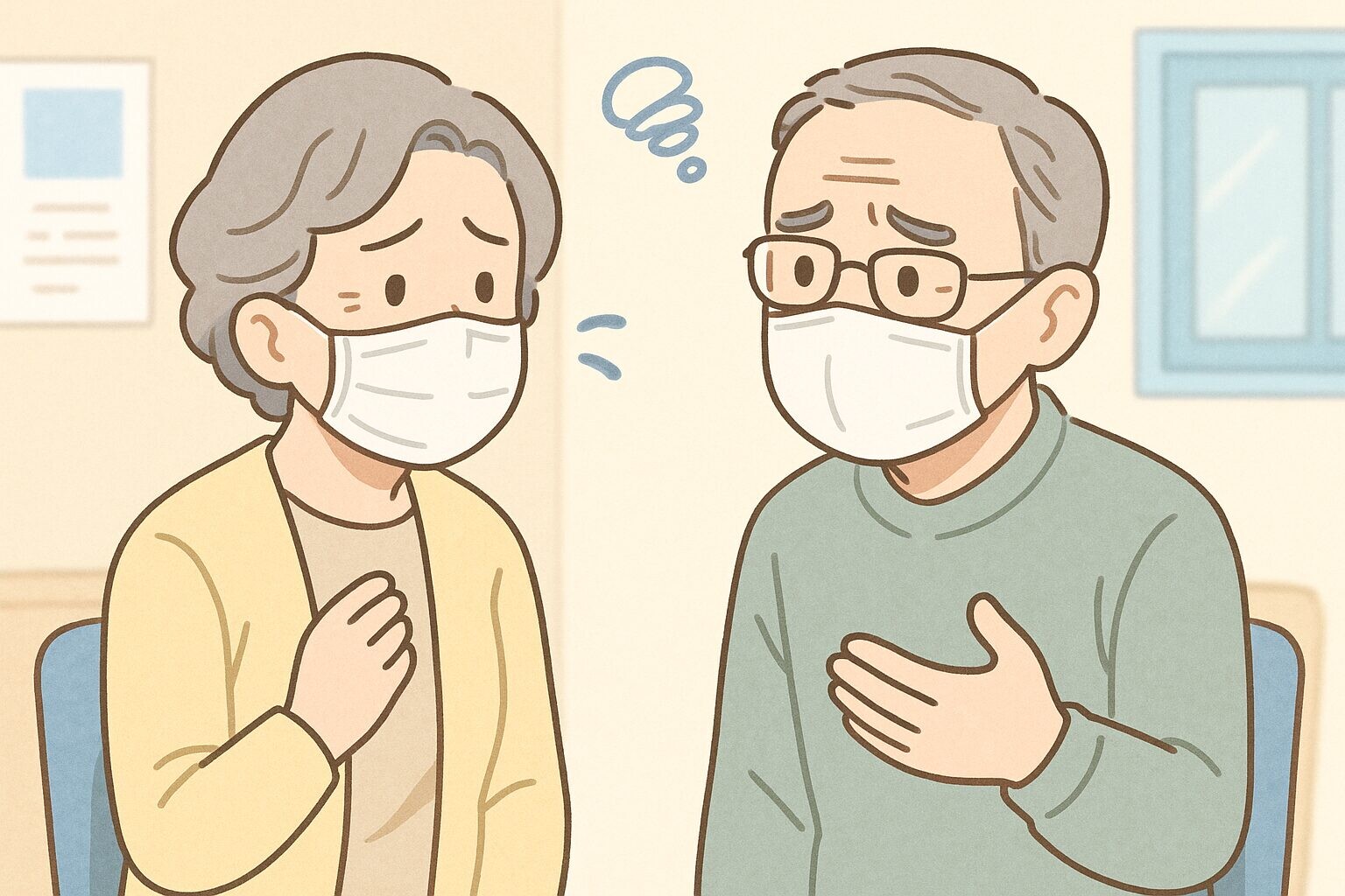 「マスクを着けた高齢者同士が距離をとって会話しているが、お互い声が届きにくく困っている様子を描いたイラスト。冬の感染対策下での“聞こえにくさ”を表現。」