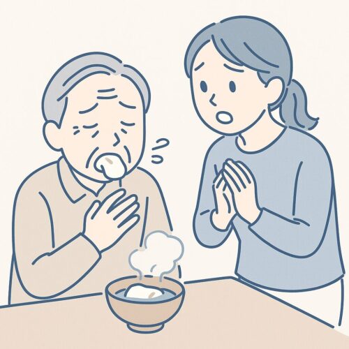 高齢男性がお餅をのどに詰まらせそうになり、娘が心配そうに見守っている場面の線画イラスト。白背景に淡いブルーとベージュのやさしいトーン。
