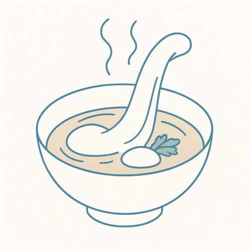 お椀の中で伸びるお餅を描いた線画イラスト。汁に沈んだお餅から湯気が立ち上がり、淡いブルーとベージュの落ち着いたトーンで表現されている。