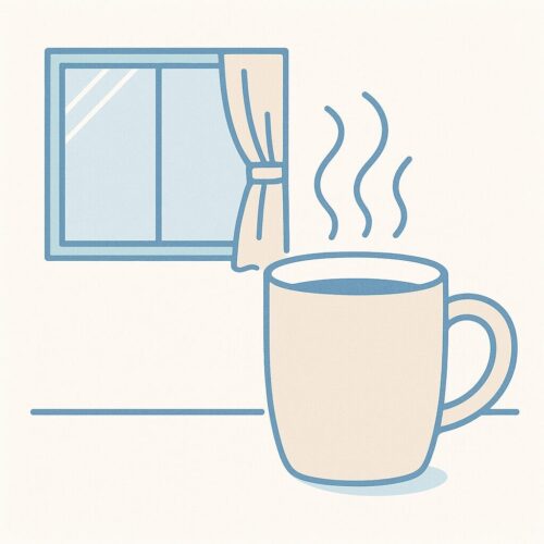 湯気の立つマグカップと加湿器が置かれた冬の室内テーブル。乾燥対策を終えた後の落ち着いた雰囲気を表すフラットデザインのイラスト。