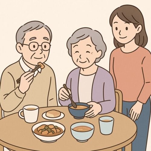 「食卓で高齢の夫婦が小さな一口でゆっくり食事を楽しみ、そばで娘がやさしく見守っている様子を描いた、あたたかい色味のフラットイラスト。」