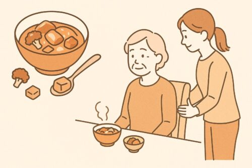 「小さく切った具材やあんかけ料理の工夫と、椅子に座る高齢者の姿勢調整を示した、シンプルな資料風イラスト」