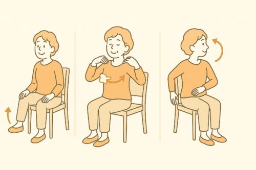 「高齢者が食前にできる足踏み、肩回し、上半身ひねりの3つの運動をまとめた、やさしい線画の図解イラスト」