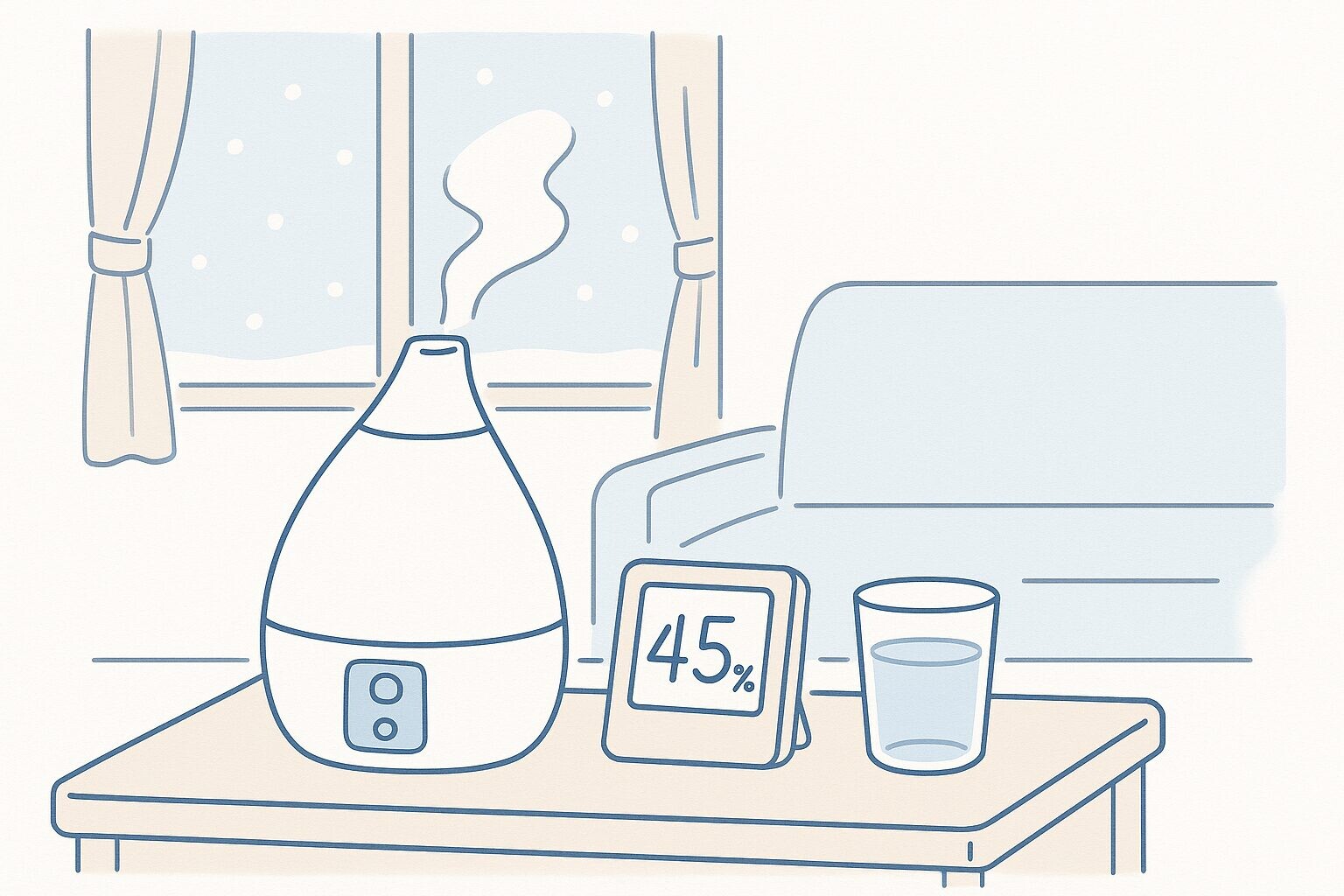冬の室内で湿度計と加湿器が置かれた、乾燥対策をイメージした線画イラスト