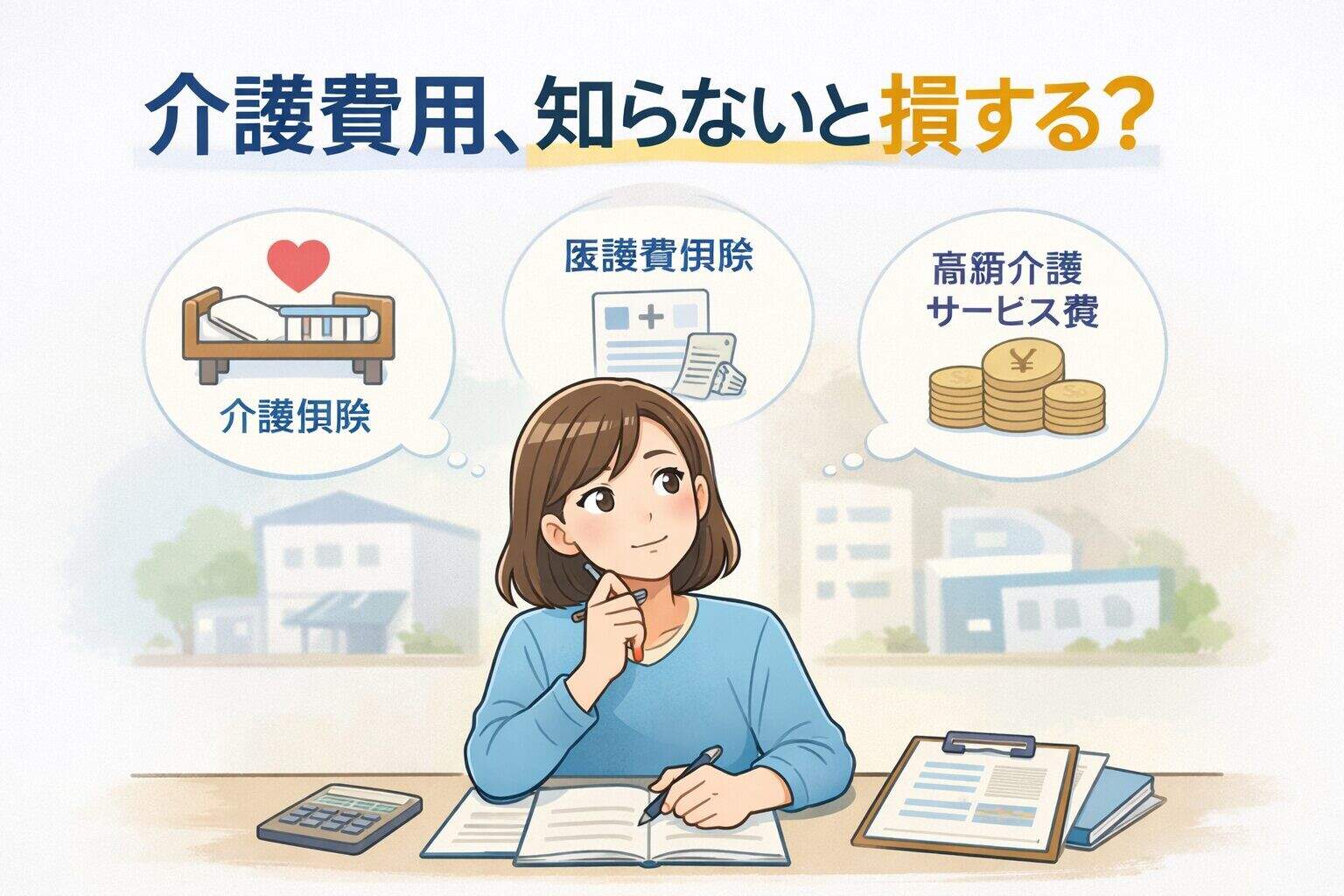 介護費用の負担をどう減らせるかを考える家族のイメージイラスト