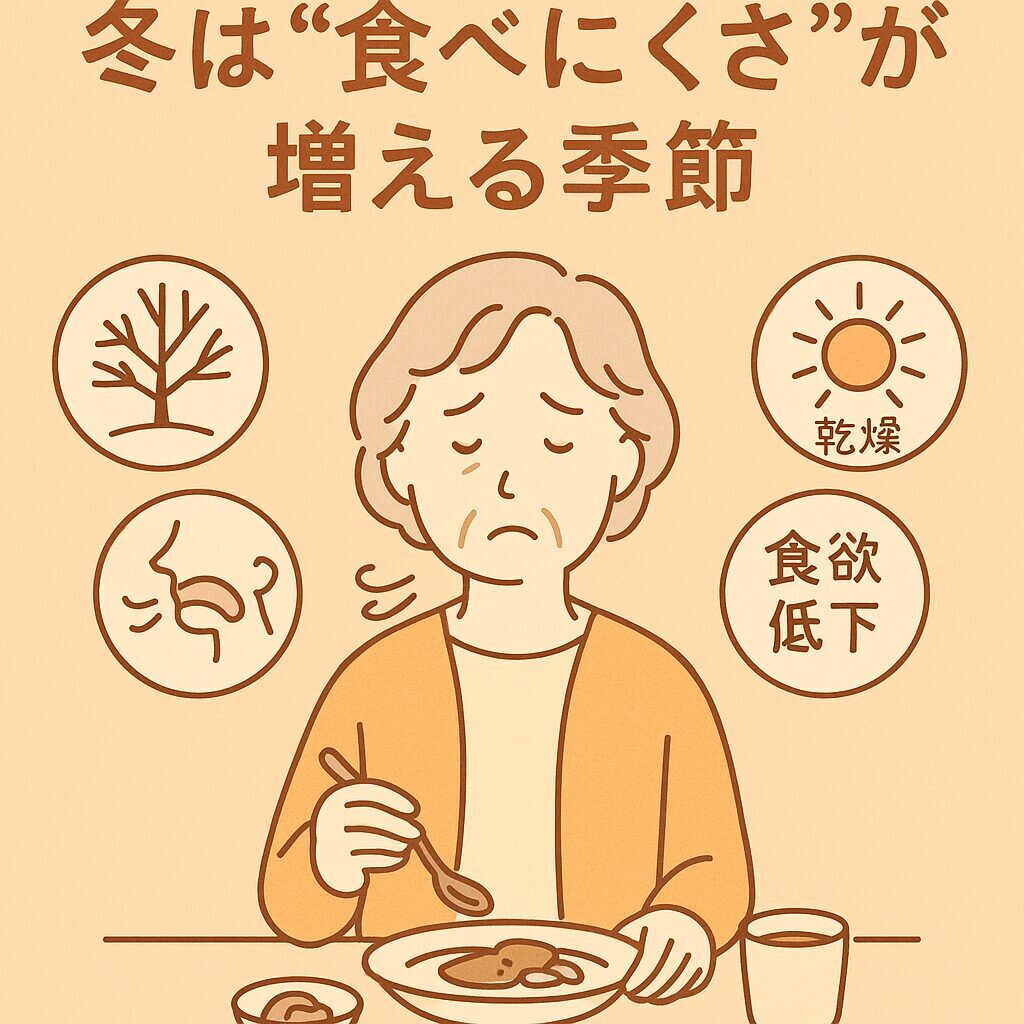 「冬の食卓で食事を残す高齢者の様子と、乾燥・のどの不調・寒さなど冬の食べにくさを表すアイコンを組み合わせた温かい色味の線画イラスト」