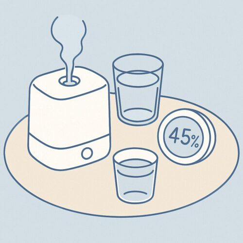 テーブル上の加湿器と湿度計、コップを上から見た乾燥対策イメージの線画イラスト