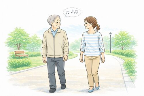 公園の小道を並んで歩く高齢の父と娘。二人は穏やかに微笑み合い、吹き出しには音符が描かれ、自然な会話が生まれやすい散歩の場面を表現したイラスト。
