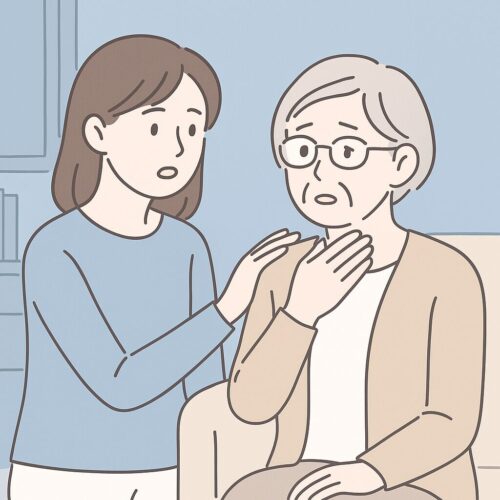 高齢者の喉の不調に家族が気づく様子を描いた、やさしい線画イラスト