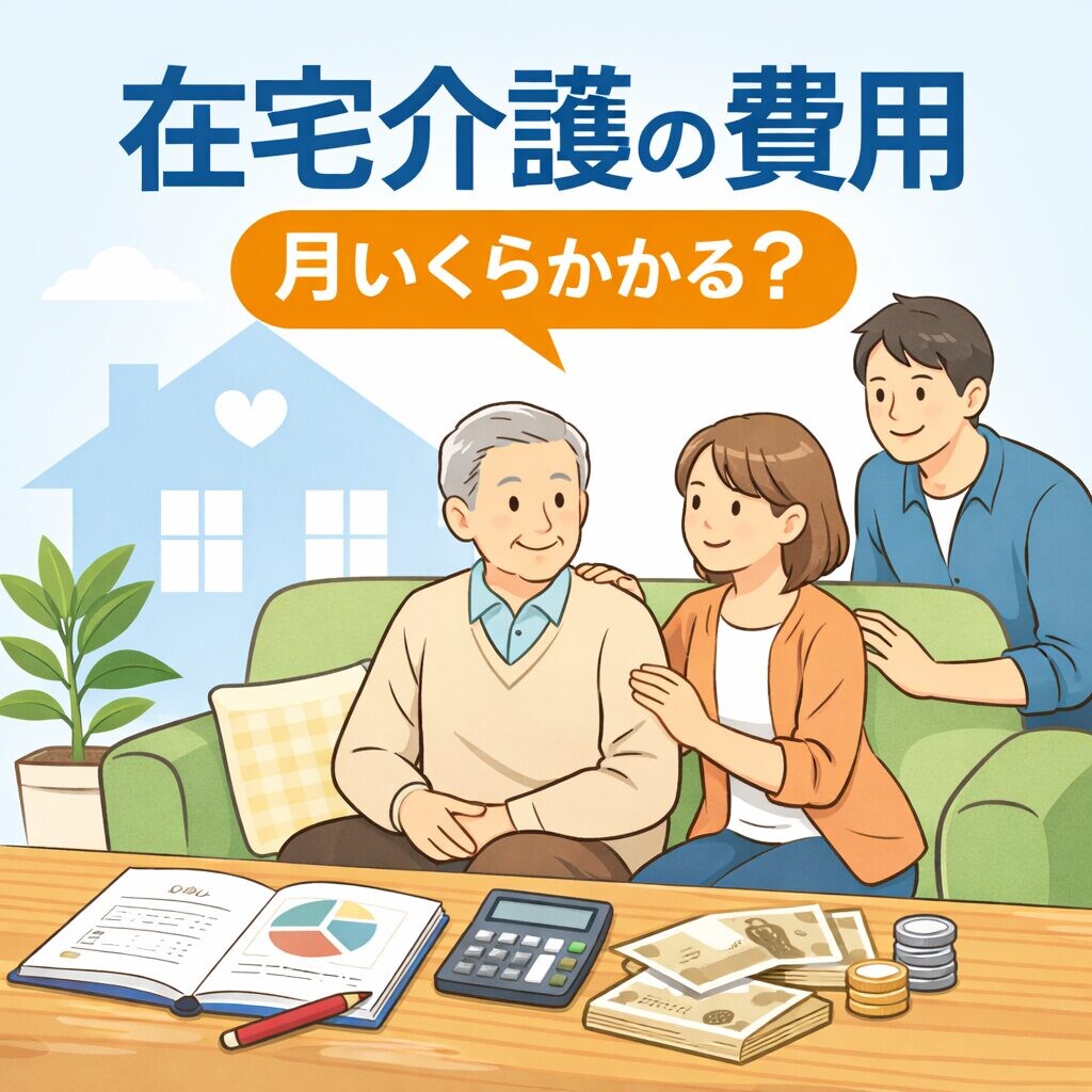 在宅介護にかかる月額費用を家族で話し合う様子。高齢の父親と娘夫婦が自宅のリビングで家計資料を見ながら相談しているイラスト。
