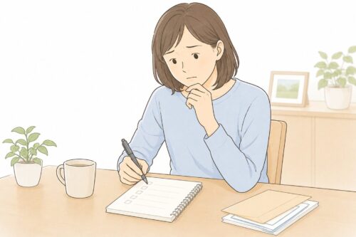 メモを見ながら考え込む女性のイラスト。親の変化や在宅介護の状況を振り返る様子を表現した挿絵