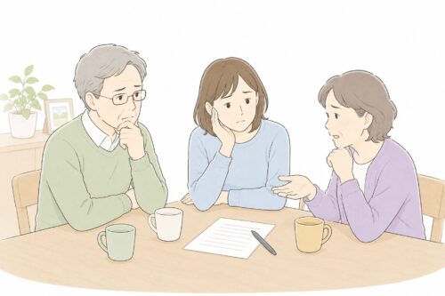家族で話し合いながら介護の方針を考えるイラスト。在宅か施設かを悩む場面を表現した挿絵