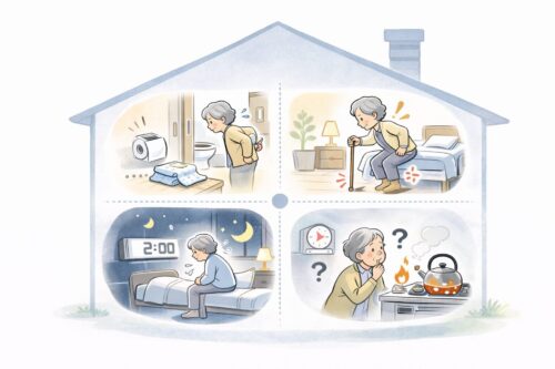 在宅介護の限界サインを示す図解イラスト。トイレ負担、歩行不安、夜間2時の対応、火の元の心配を1枚で表現