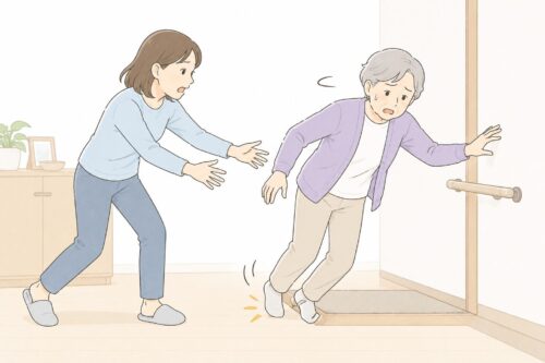 廊下でふらつく高齢者を支えようとする家族のイラスト。転倒リスクなど在宅介護の限界サインを表現した挿絵