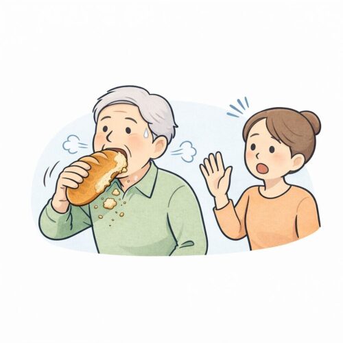 急いでパンをたべようとする高齢者を止める女性のイラスト