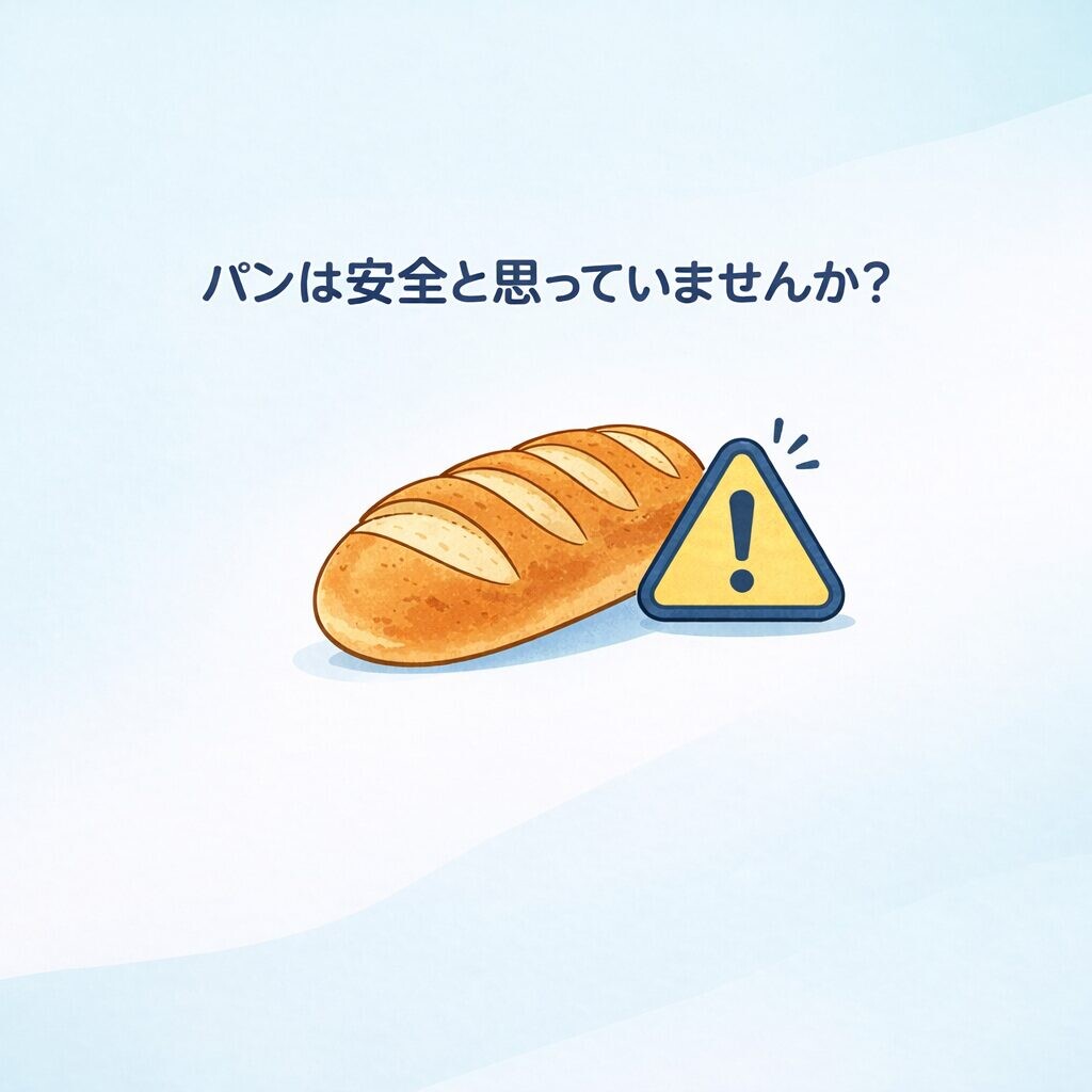 中央にフランスパン、その横に注意喚起マークをつけ、パンが危険だと表したイラスト
