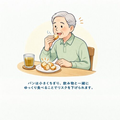 高齢男性がパンを小さくちぎり、飲み物と一緒に安全に食べている様子。