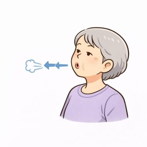 親の声が小さいときの発声トレーニングで、口をすぼめて息を長く吐く口すぼめ呼吸のイラスト