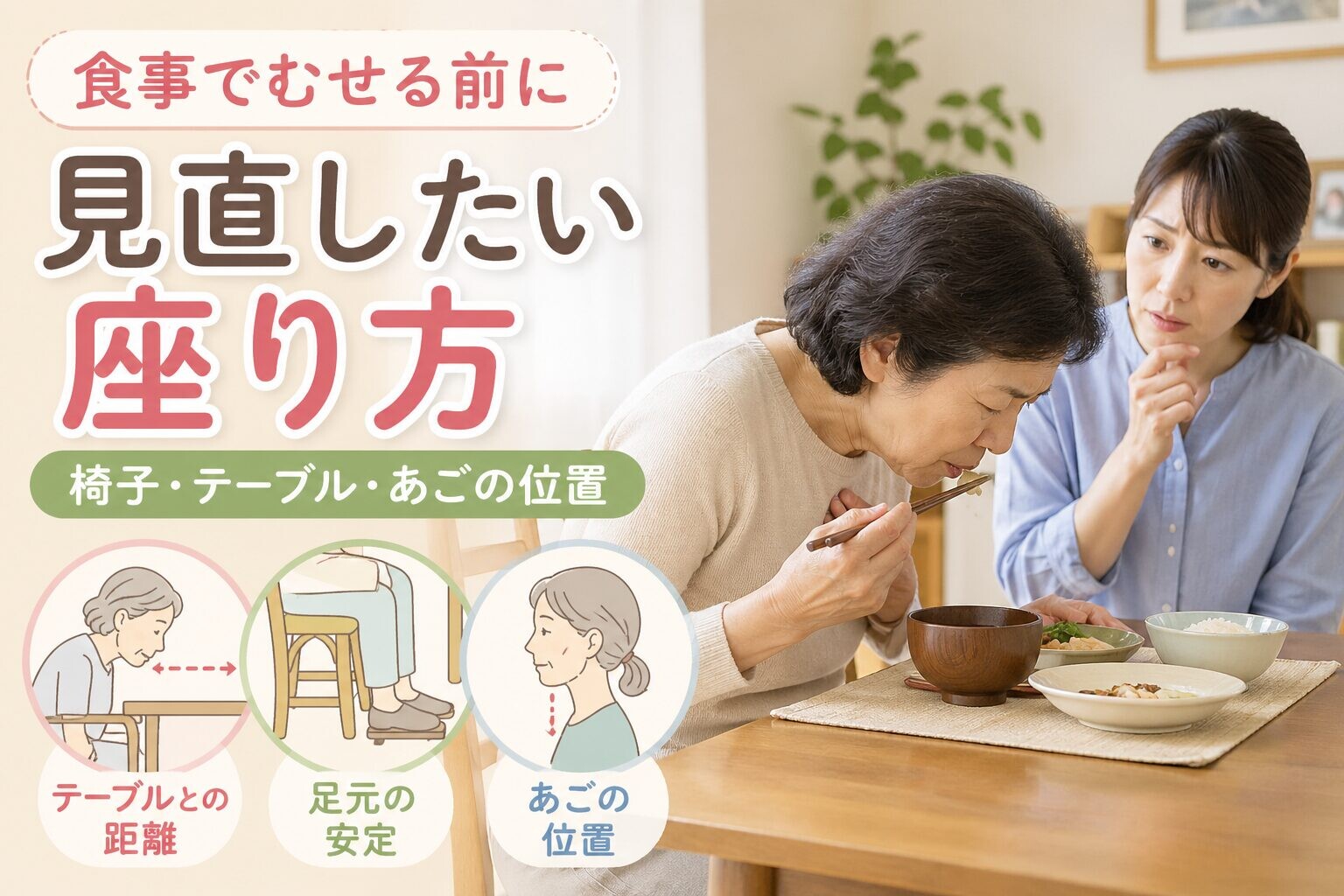 親が食事中に前かがみになり、娘が見守る中、テーブルとの距離・足元・あごの位置を確認する座り方のアイキャッチ。