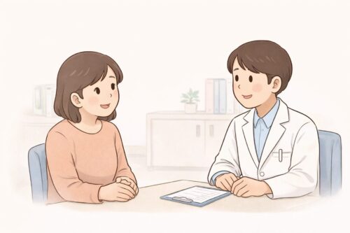 親の話し方の変化について家族が医療職へ相談している場面の挿絵