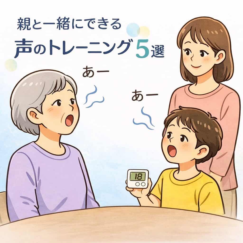 親の声が小さいときに家でできる発声トレーニングを、親・娘・孫の3世代で行うアイキャッチ画像