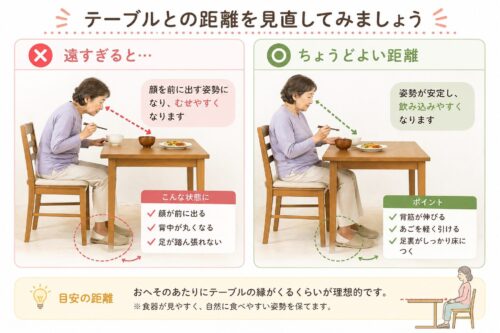 テーブルとの距離が遠すぎる、ちょうどいい距離を表したイラスト。