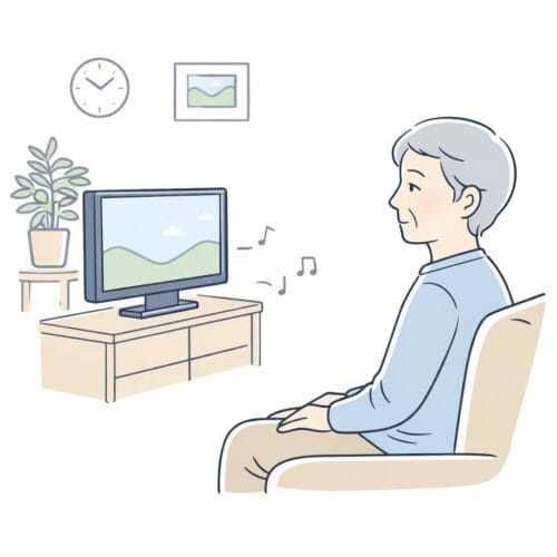 高齢の親が一人でテレビを見ながら静かに過ごしているイラスト。話す機会の減少をイメージ