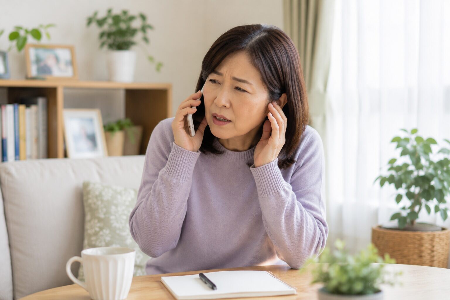 親との電話が聞き取りづらく、耳を澄ませて話を聞く娘の様子
