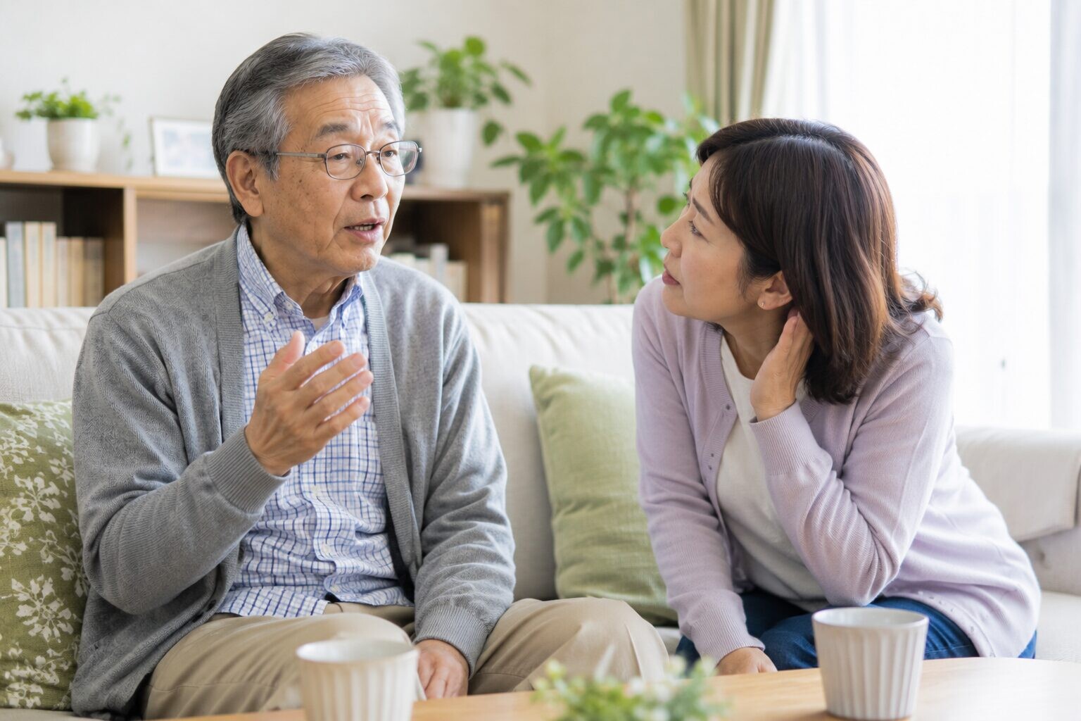 声が小さくなった高齢の父親の話を、娘が身を寄せて聞いている様子