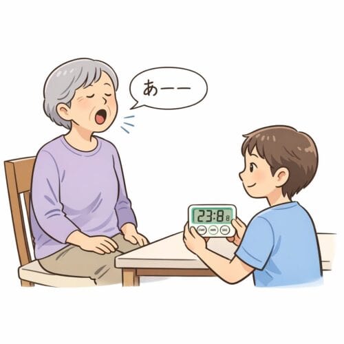 親の声が小さいときの発声チェックとして、祖母が「あー」と発声し孫がタイマーでMPTを測定しているイラスト