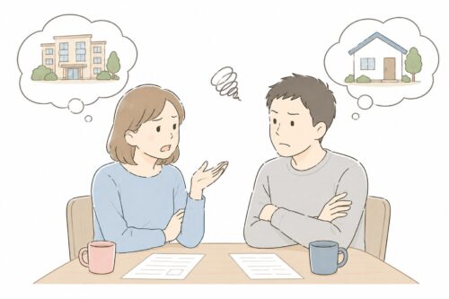 親の今後について話し合う兄弟が、考えの違いから意見が食い違っている様子を表したイラスト