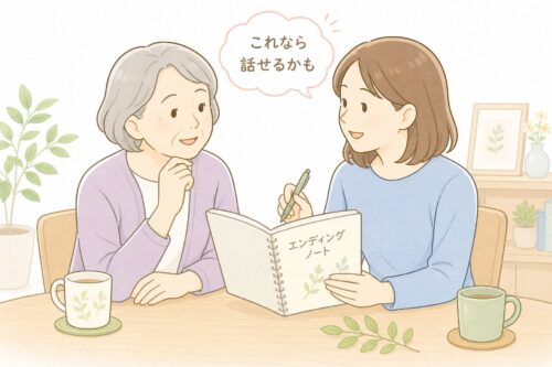 親と一緒にエンディングノートを見ながら話し合い、お金やこれからのことを確認しているイラスト