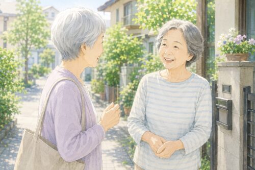 近所で立ち話をしながら笑顔で会話する高齢女性たちのイラスト