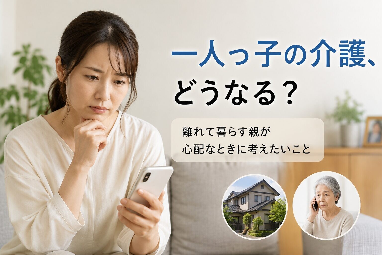 一人でスマホを見ながら、離れて暮らす親の介護について不安を感じる女性の写真風イメージ