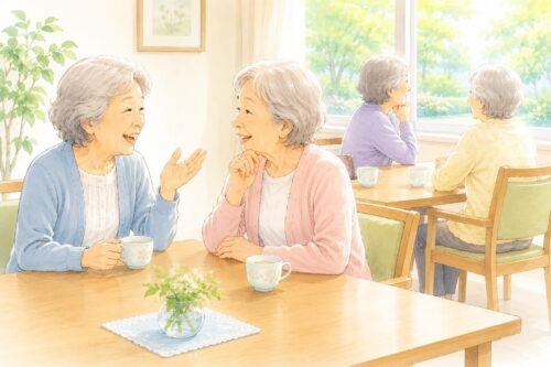 気の合う相手と会話を楽しむ高齢者と窓の外を眺める高齢者