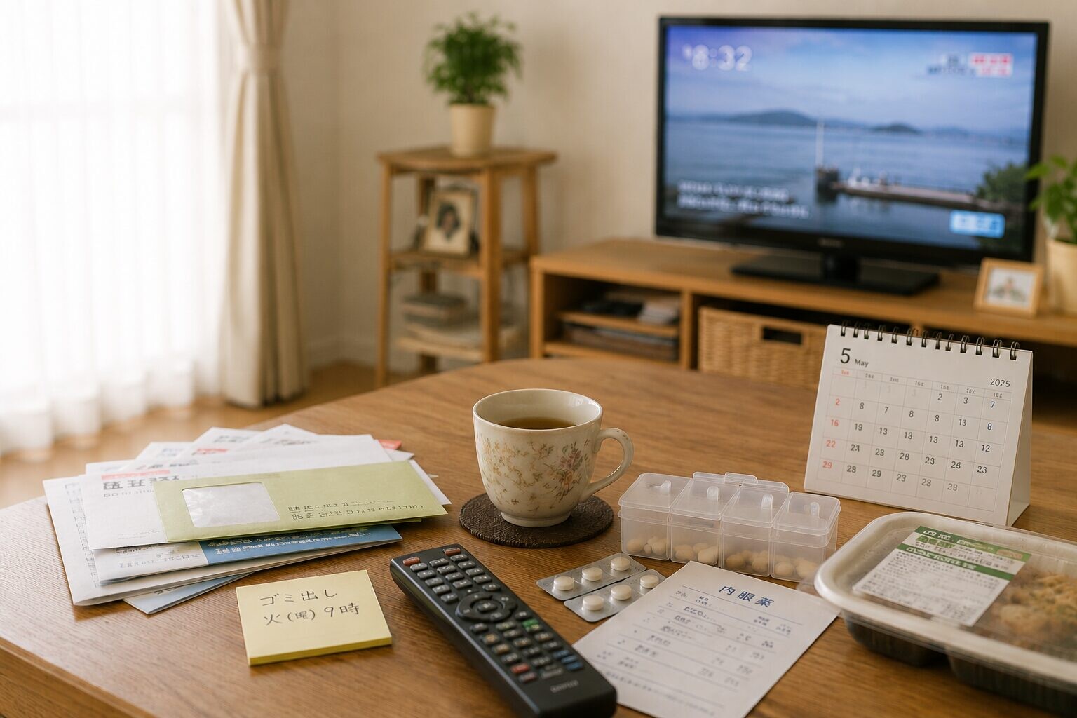 認知症の親の一人暮らしをテーマにしたアイキャッチ。テレビや薬、カレンダー、宅配弁当などが置かれた高齢者の一人暮らしのリビング風景。