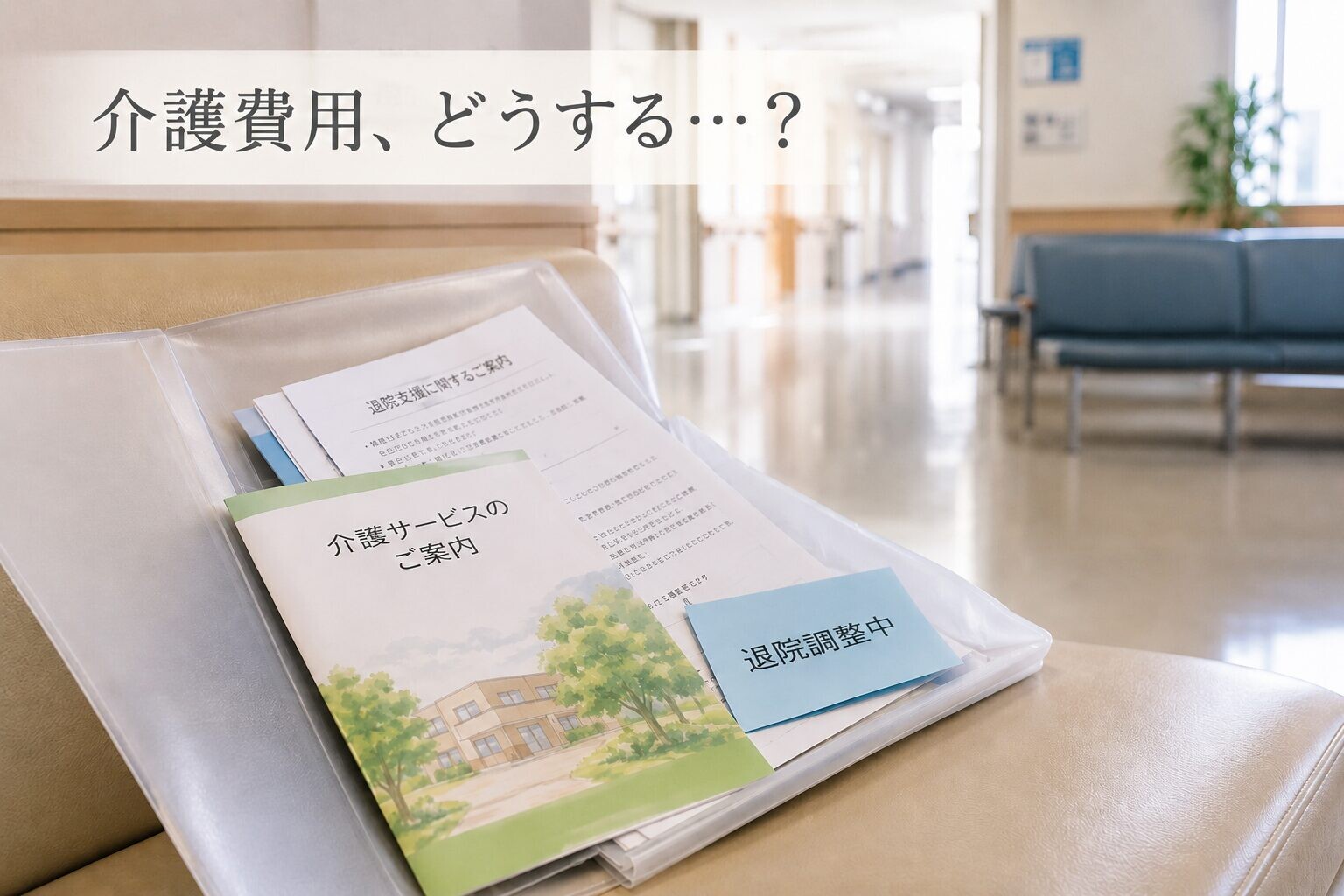 病院の待合スペースに置かれた退院調整の書類や介護サービス案内のファイル。親の介護費用や退院後の生活に悩む家族をイメージした写真風アイキャッチ。