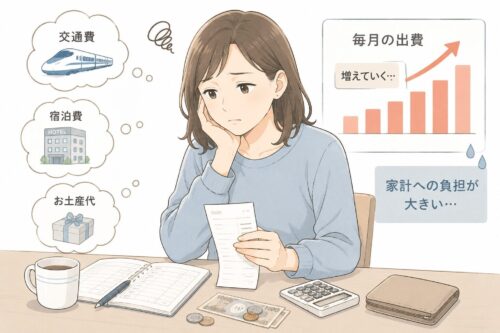 家計簿やレシートを見ながら悩む女性のイラスト。交通費など出費が増える負担を表した挿絵