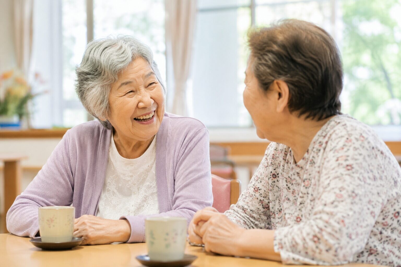 高齢女性同士が笑顔で会話を楽しむ様子