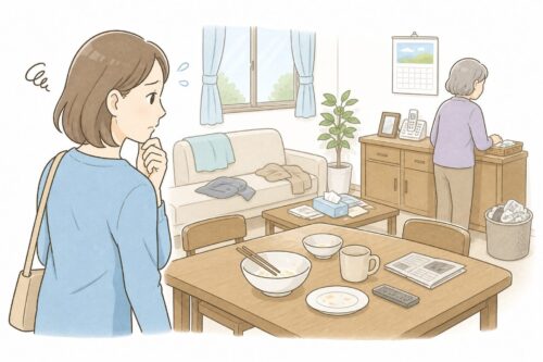 実家の散らかった部屋や食器を見て、親の変化に気づき不安を感じる女性のイラスト