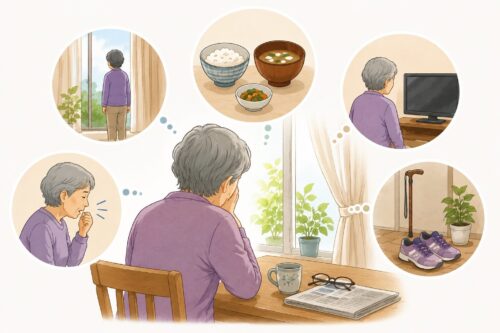 食事量の低下、会話の減少、外出機会の減少、むせ、疲れやすさなど、家庭で気づきやすいフレイルサインをやさしいイラストで表現した図解。窓辺で考え込む高齢者の後ろ姿と生活場面を組み合わせた構成。