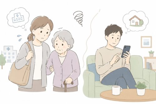 親のサポートをしている女性と、離れてスマートフォンを見ている男性を対比し、家族間の関わり方や認識の違いを表したイラスト