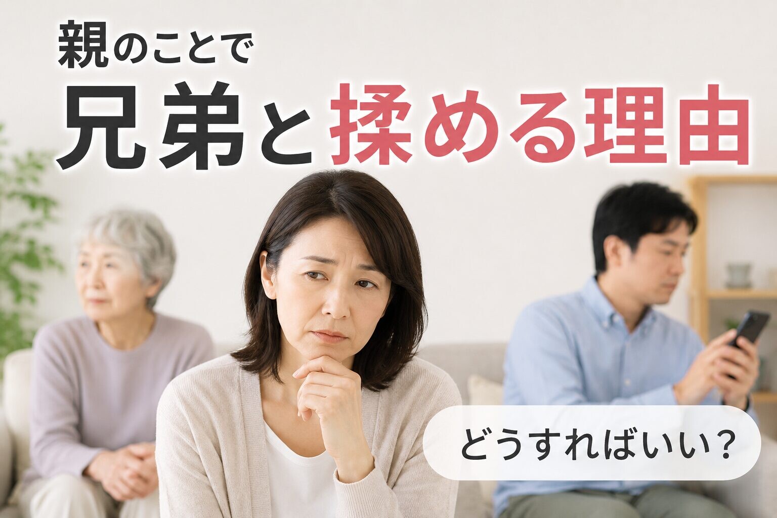 親のことで悩む女性と高齢の母親、距離のある兄の様子を通して、兄弟間の温度差やすれ違いを表したイメージ画像
