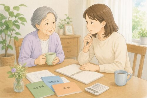 親子で通帳や年金手帳を見ながら、将来の介護やお金について穏やかに話し合うイラスト。