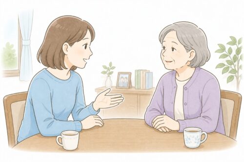 親と向かい合って穏やかに会話し、今後のことを話し合う親子のイラスト