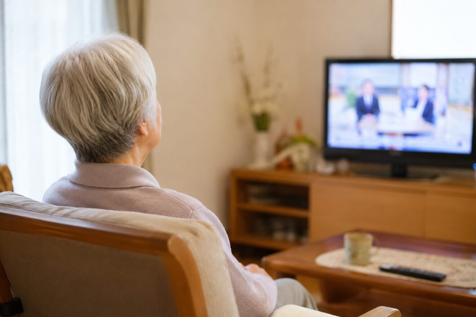 テレビをつけたリビングで、静かに座る高齢女性の後ろ姿